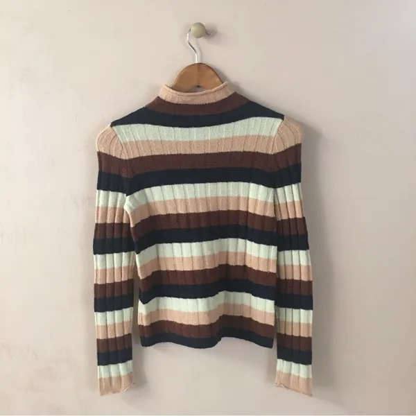 Madewell NWT Ribbed Brown/Pink/Cream/Navy Striped Mock Neck Sweater Size XXS - Image 3
