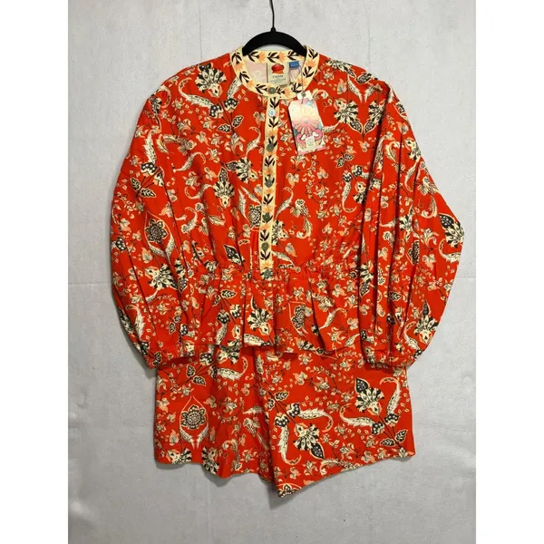 Farm Rio Anthropologie Long Sleeve Romper Red Orange Floral Cotton $228 NWT - Image 3