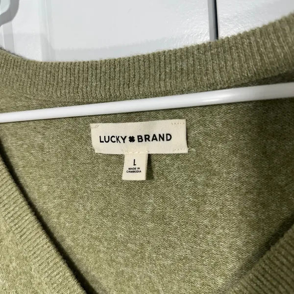 Lucky Brand V-Neck Sweater Women Size L Olive Green‎ Heathered Knit Super Soft - Image 2