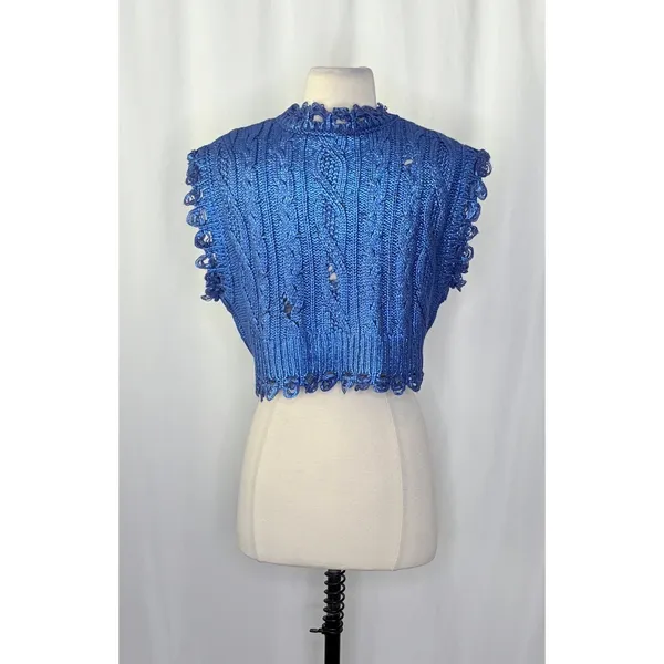 ZARA Metallic Blue Cropped‎ Sweater Cableknit Distressed Cable Knit Crop Small - Image 9