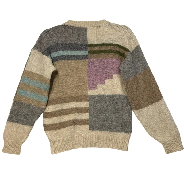 VTG Wool M Beige Intarsia People Graphic Patchwork Crewneck Sweater Winter Artsy - Image 2