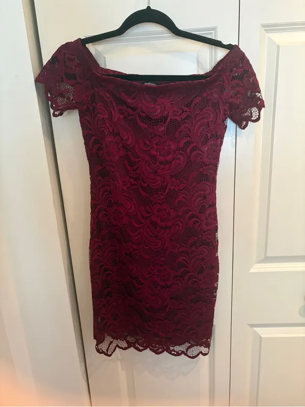 Ambience I Off-Shoulder Lace Sheath Dress in Burgundy NWT - Image 2