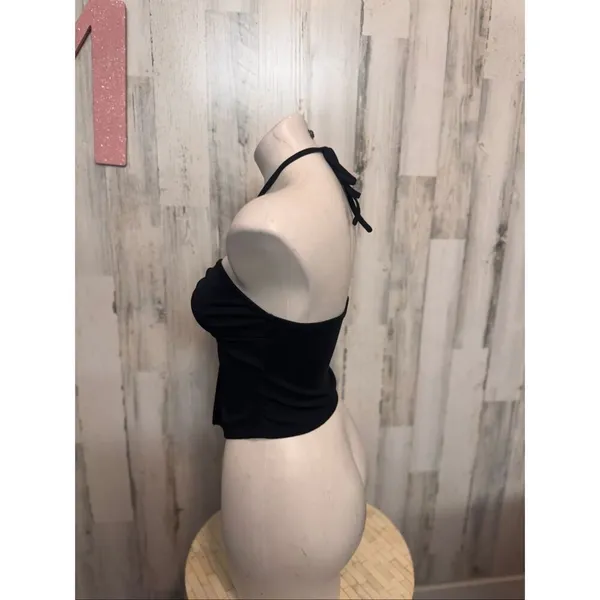 Romwe Crop Top Womens Medium Black Ribbed Halter Neck Ruched Handkerchief Hem - Image 4