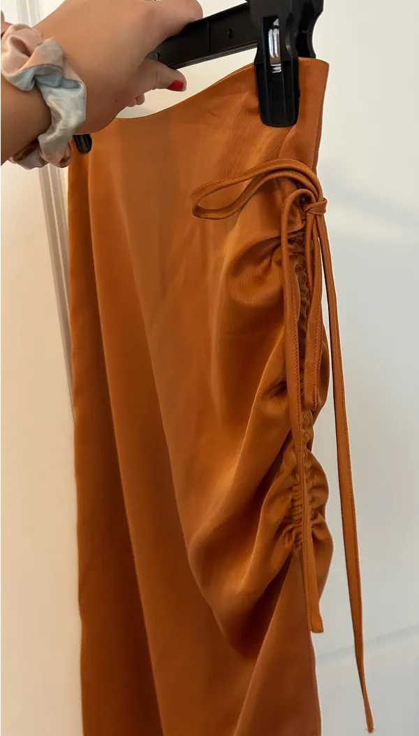 Ruched Satin Midi Skirt Orange Size XS - Image 5