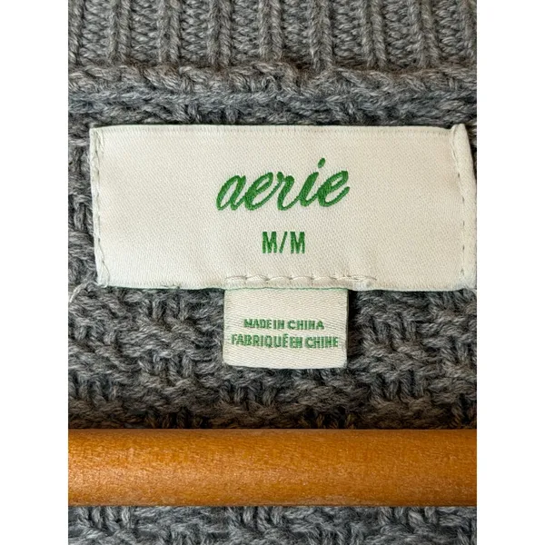 Aerie Varsity Sweater Women Medium Grey Cotton Waffle Knit Button Front Cardigan - Image 8