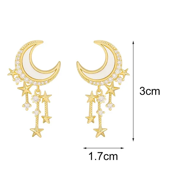 18K Gold Moon Stars Tassel Stud Earrings - Image 4