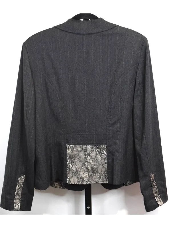Bisou Bisou Pinstripe Blazer with Lace Panel Trim Gray Size XL Y2K Business - Image 2