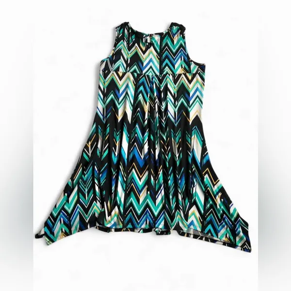 NWT NY Collection Wom Sleeveless Asymmetrical Chevron Dress Black Teal & Blue L - Image 3