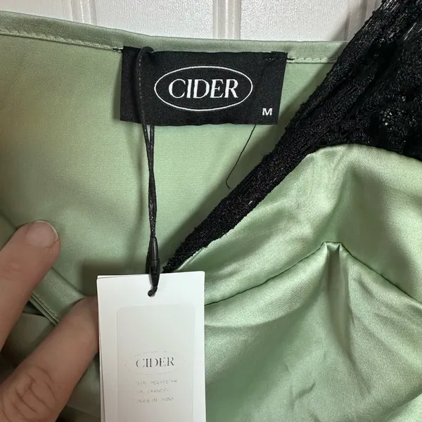 Cider Light Green with Black Lace‎ Shoulder Straps Slip Dress Side Rouching SZ M - Image 4
