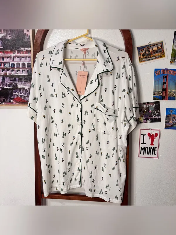 Eberjey Gisele short sleeve pajama top Ski Chalet Ivory/Pine alpine skier NEW - Image 2