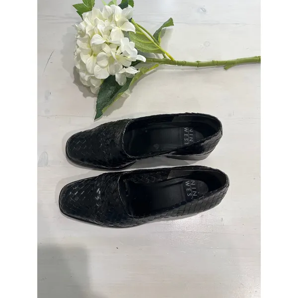 Nine West Black Woven‎ Leather Block Heel Pumps Shoes 6M - Image 2