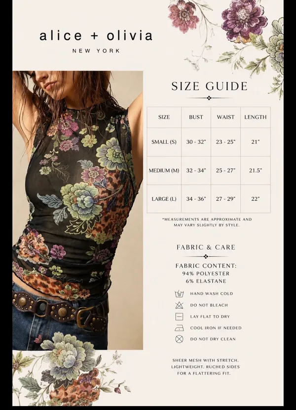 Alice + Olivia Sheer Ruched Floral Mesh Tank NWT Boho Chic Statement Piece Sz L - Image 3