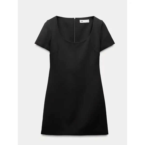 Zara Womens Black Short Sleeve Scoop‎ Neck Mini Dress XL Solid Back Zip - Image 3
