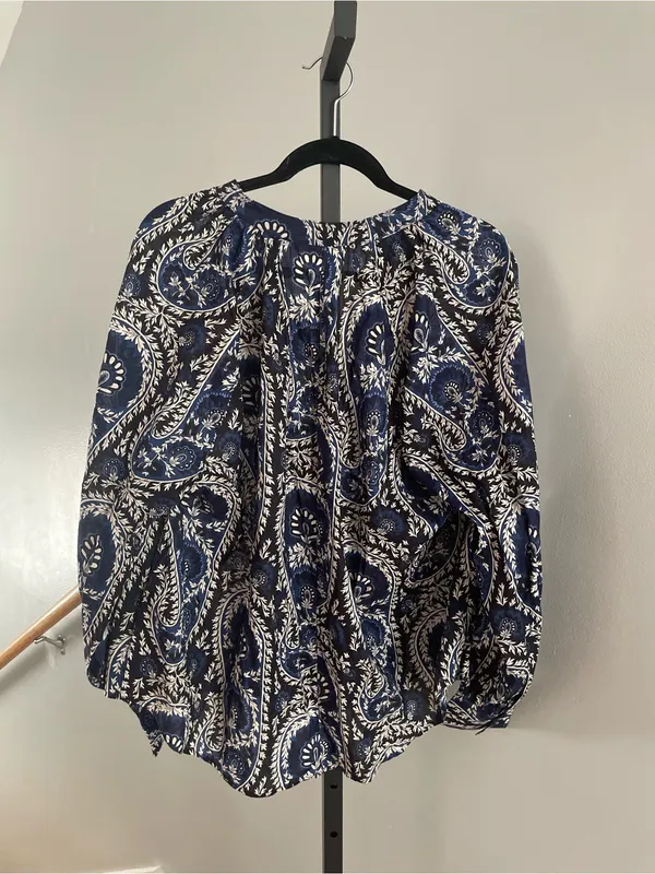H&M 100% Cotton Paisley Floral Boho Navy Blue Peasant Blouse Size XL - Image 3