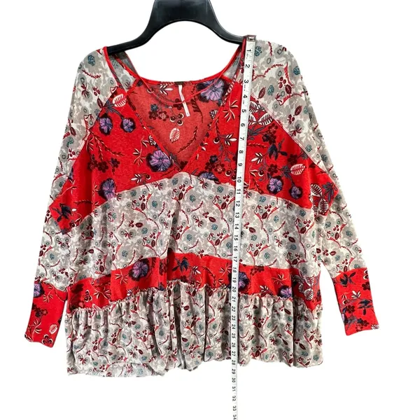 Free People Isabelle Tunic Top Womens XS Red Gray Floral Oversized Boho Feminine - Image 10