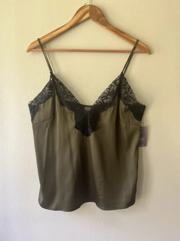 Auden Sz S Lace Trim Satin Pajama Tank Top Olive Green Pullover Cami‎ - Image 2
