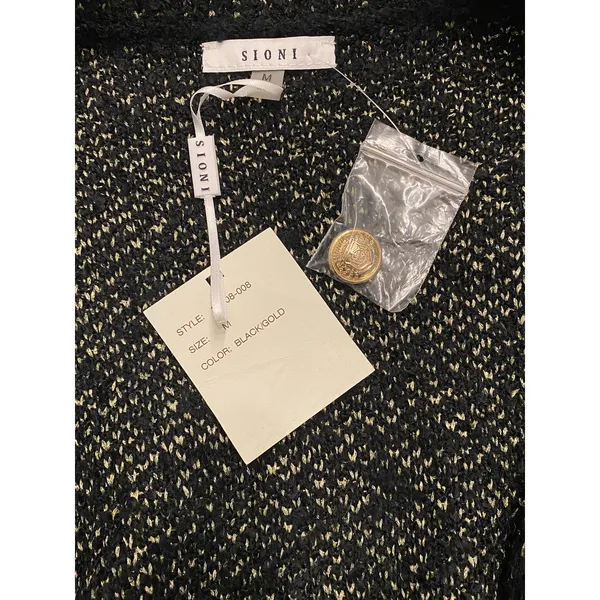 NWT Sioni Bouclé Knit Cardigan Jacket Black Gold Plaid Buttons Med Old Money - Image 5
