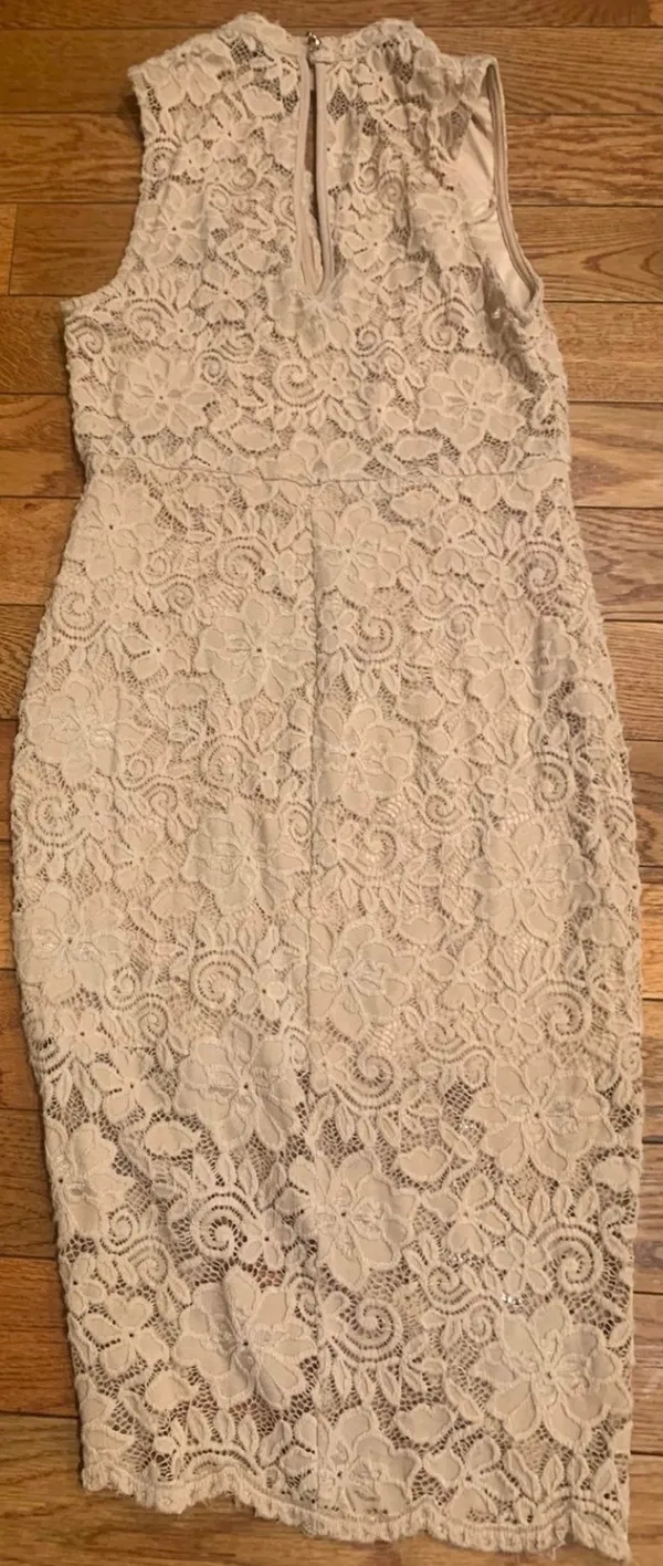 Privy floral nude lace choker neck/an asymmetrical tulip hemline bodycon dress L - Image 4