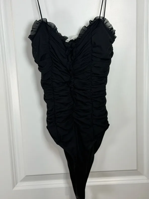 American Threads Black Ruffle Mesh Ruched Bodysuit - Image 2