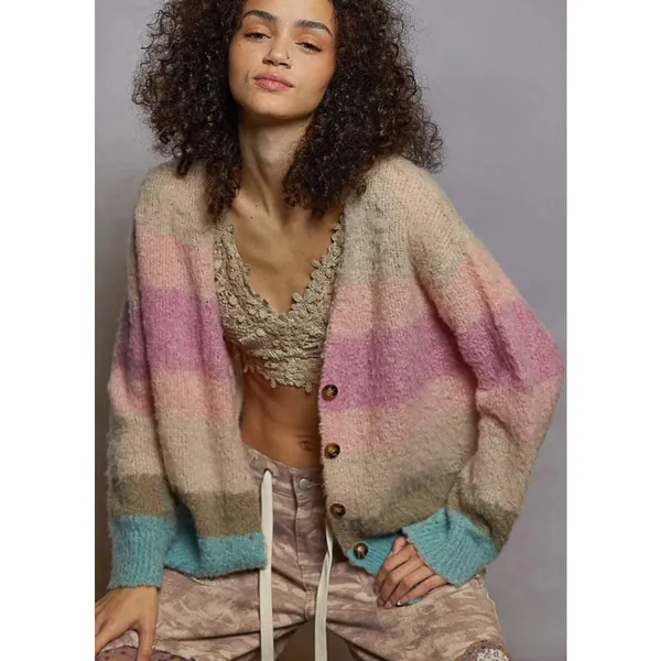 POL Relaxed Fit Multicolor Stripe Mohair Button Up Cardigan Size L Boho Sweater - Image 4