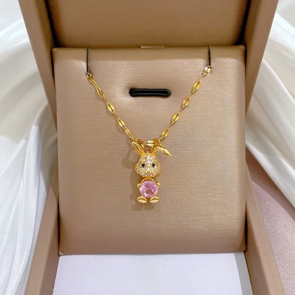 18K Gold Plated Bunny Pendant Necklace for Women,Pink Crystal Rabbit Necklace - Image 3
