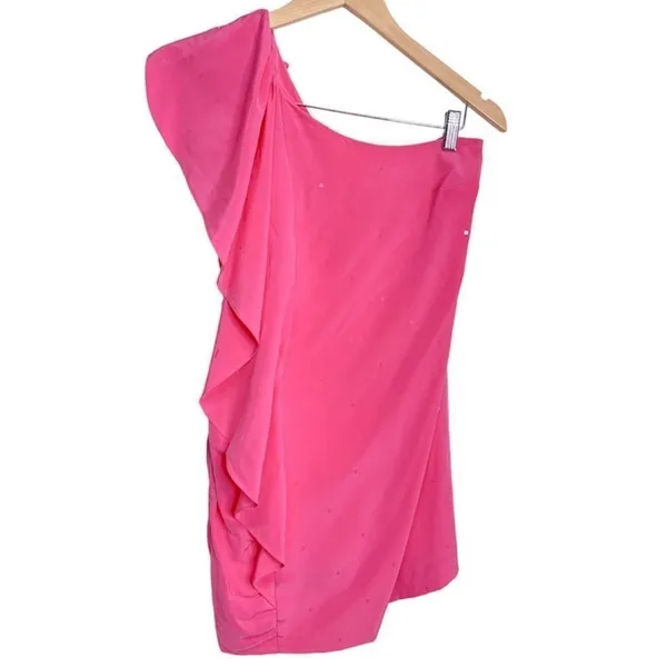 Madison Marcus Dress‎ XS One Shoulder Silk Pink Ruffle Mini Sequin Detailed - Image 2