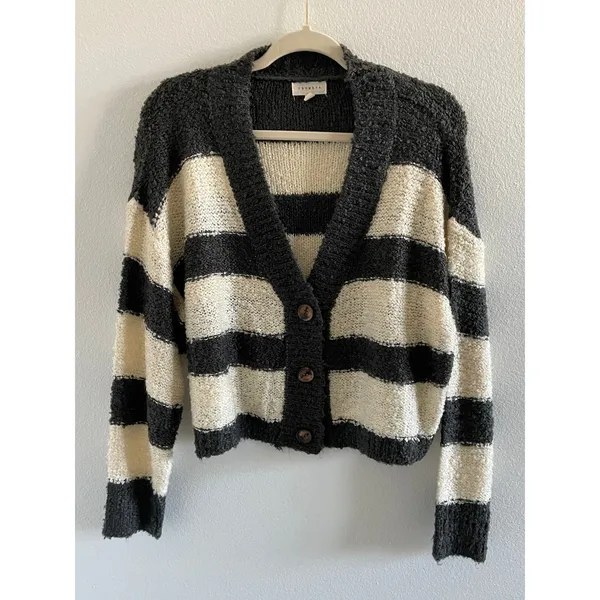 Prómesa Gray Cream Striped Chunky Knit Cardigan Sweater Boho Cozy Size S - Image 2