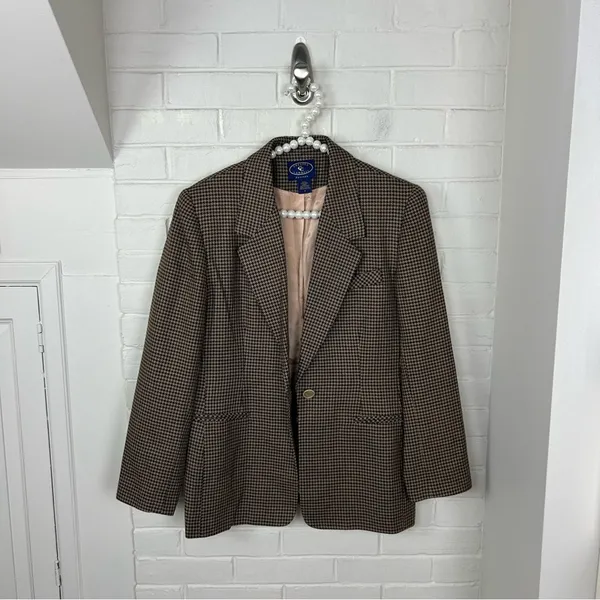 Vintage Chelsea Campbell Petites Brown Houndstooth Wool Blazer Jacket Size 8P - Image 7