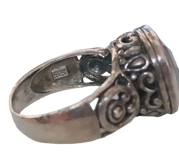 VTG 925 Sterling Silver Faceted Onyx Scroll Filigree Ring Size 6.75 Wide Band - Image 8