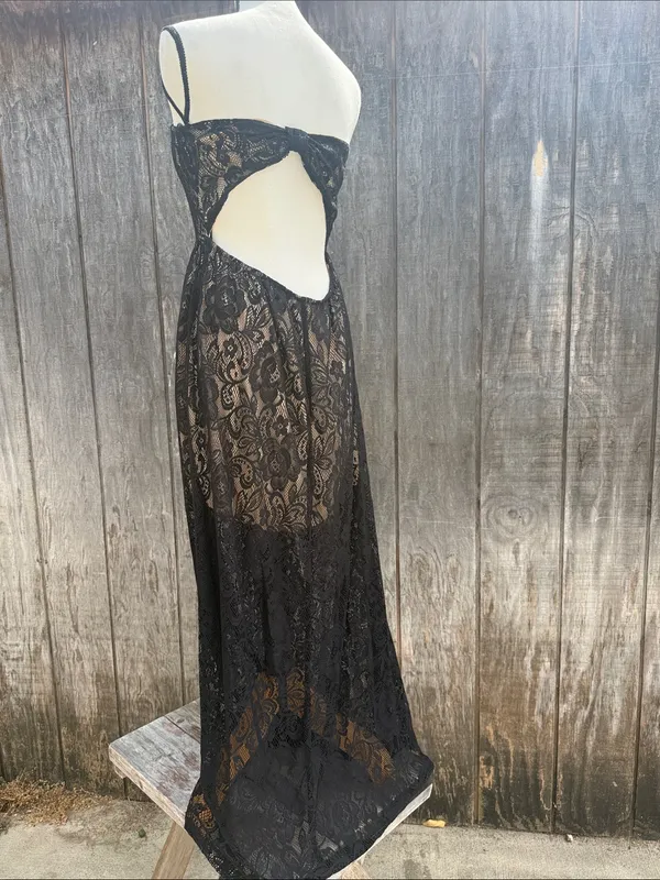 EUC Papaya Elegant Intricate Black Floral Lace Strapless Maxi Dress Size Large - Image 2