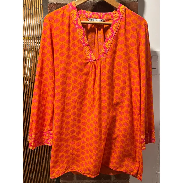 ZARA Boho Printed Tunic Beach Cover Up Mini Dress Orange Fuchsia Cotton S - Image 4
