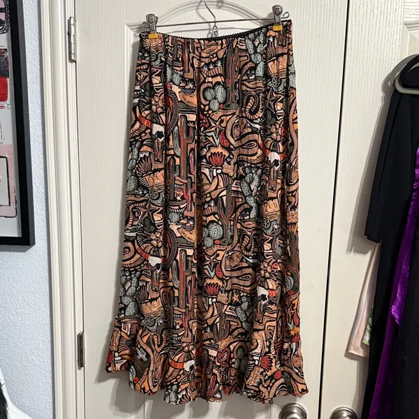 Deadstock Y2K Abstract Western Boho Cowgirl Print Ruffle High Slit Midi Skirt - Image 3