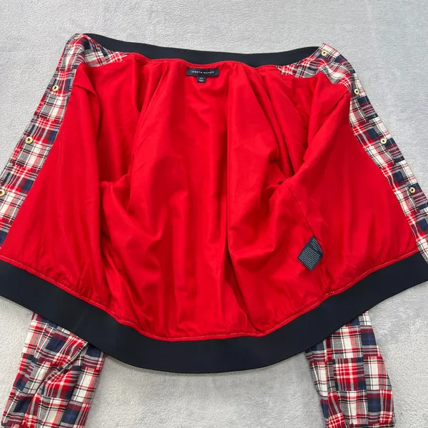 Tommy Hilfiger Patchwork Plaid Varsity Jacket Red White Blue‎ Cotton Blend Large - Image 5