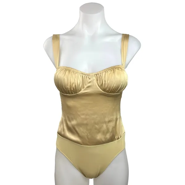 Danielle Bernstein Gold Satin Ruched Camisole Cami Tank Corset Bodysuit Top - Image 3