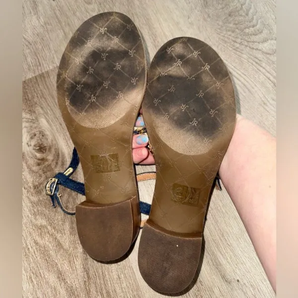 Jack Rogers Elise Denim‎ Gold Wrap Sandals 8M Dark Wash Flats Flip Flops Heeled - Image 2