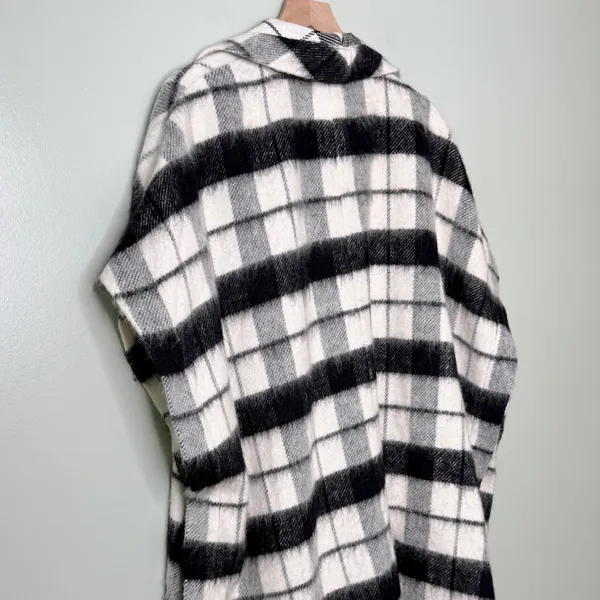 Lucky Brand Wool Oversized Plaid Shawl Poncho Cardigan Sweater Black White Large - Image 4