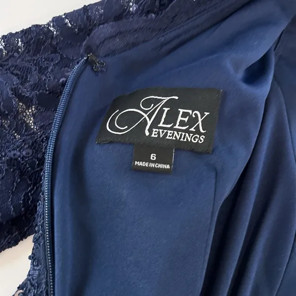 Alex Evenings Navy Blue Sequin Lace Chiffon Midi Special Occasion Dress Size‎ 6 - Image 11