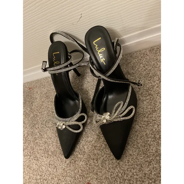 NWOT Lulus Lullie Black Rhinestone Bow Ankle Wrap Stiletto Heels Pumps Glam, 8 - Image 5