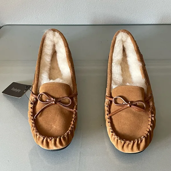 Parfeying Women’s Sheepskin Lined Suede Moccasin Slippers Tan UK 6 EU 39 US 8 - Image 3