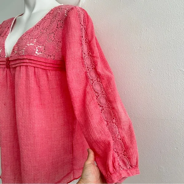 Anthropologie boho babydoll lace blouse top Pink coral SMALL NWOT - Image 4