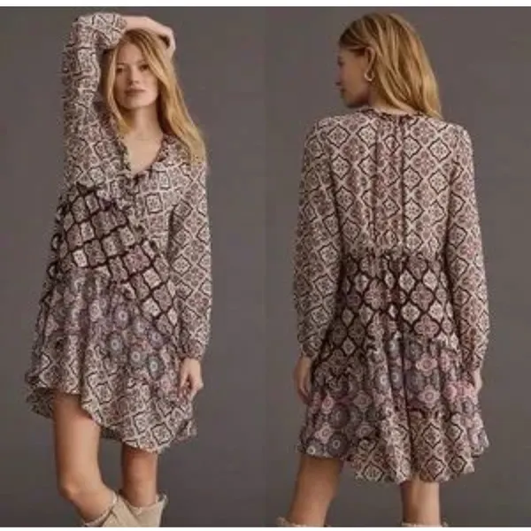 Anthropologie Dress Women's XS Multi Batik Print‎ Long Sleeve V Neck Tiered - Image 2