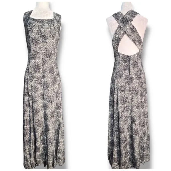 Vintage All That Jazz Black White Floral Cross Back‎ Maxi Dress Boho Minimalist - Image 10