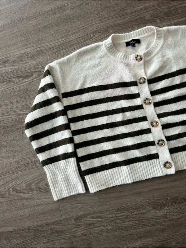 Lulus Knit Cardigan Womens Medium Ivory Olive Striped Fuzzy Wool Blend Cropped - Image 3