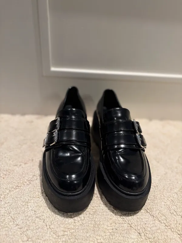 Bershka Black Double Buckle Chunky Platform Loafers Size 6 - Image 3