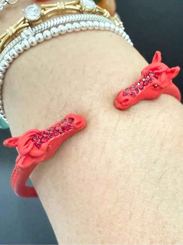 Red-tone Double Horse Head with Rhinestones Open Cuff Bangle Bracelet - Image 5