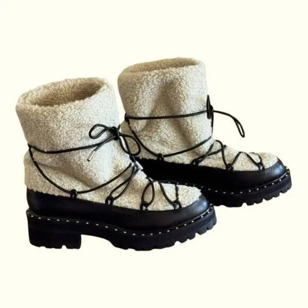 AQUA Fuzz Women’s Leather Lug Sole Sherpa Lace Up Winter Boot Black Size 6.5 - Image 7