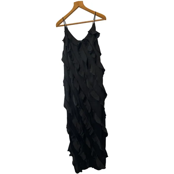 Anthropologie NWT Black‎ Bias Cut Ruffled Satin Midi Dress Size Medium - Image 4