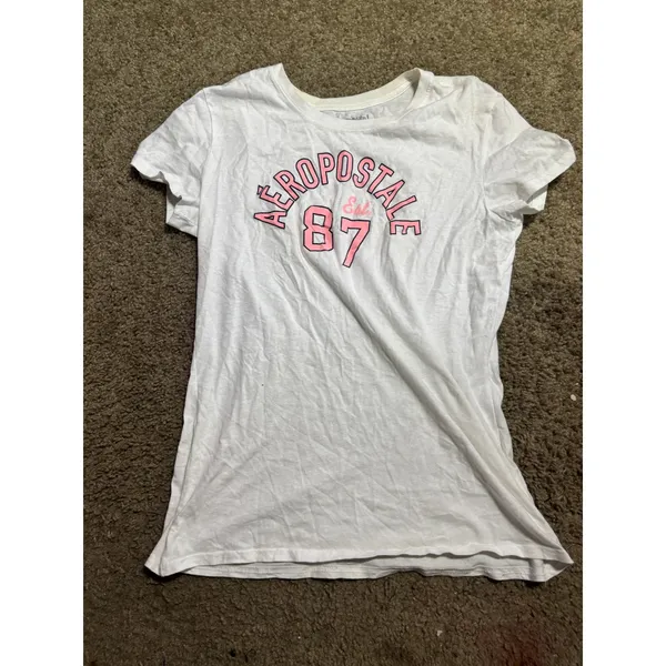 Aeropostale Womens White Graphic T-Shirt‎ Pink Logo 87 Est Varsity Tee Large - Image 2
