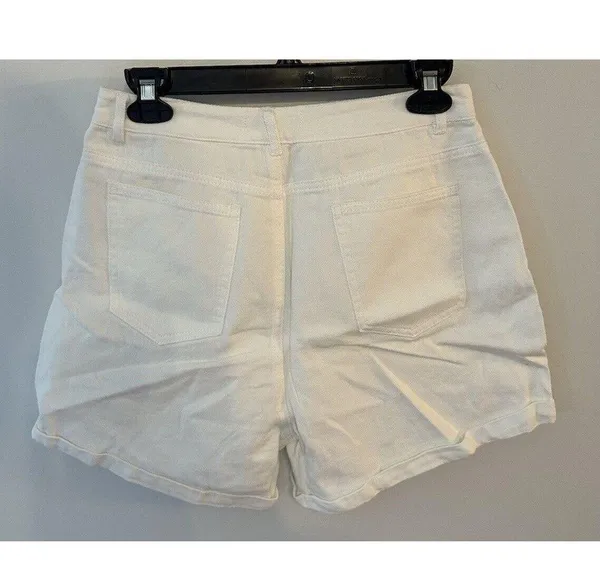 Cloud Ten White Denim Rhinestone Fringe Cuffed High Waisted Shorts Large NEW - Image 3