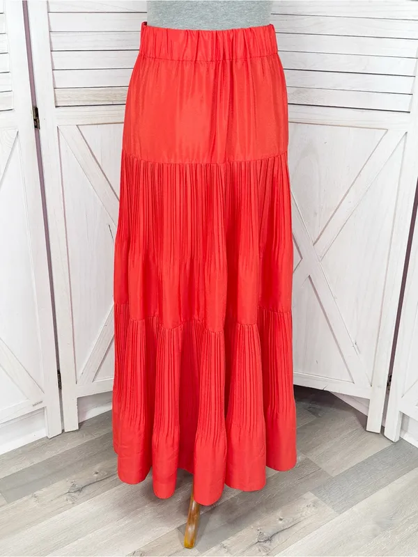 Outback Red Tiered Pleated Maxi Skirt Coral Orange Red XS Flowy Boho Tomato Girl - Image 4